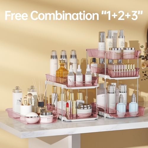 Delamu 2 Pack 3-Tier Bathroom Under Sink Organizers and Storage, Multi-Purpose Stackable Pantry Organization and Storage, Pull Out Clear Kitchen Bathroom Cabinet Organizer with Movable Dividers, Pink - color: Pink, size: 2 Pack 3-Tier