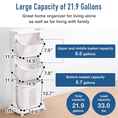 Japard 83 Litres Rolling Laundry Hamper Ultra Slim, Vertical 3 Sorter Cart with Wheels and Breaks, 3-tier Baskets Detachable for Dorm, Closet, Easy Assembly White Gray - size: 3 Tier