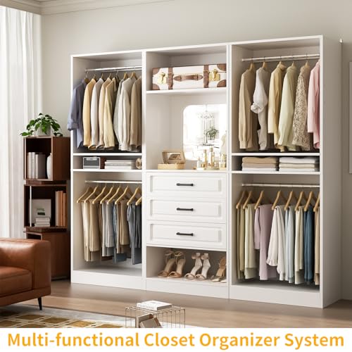 Unikito 75" Modular Closet Organizer System with Mirror & Drawers, 3-in-1 Freestanding Wardrobe Tower with Adjustable Shelves & Hanging Rods, Heavy-Duty Bedroom Storage for Walk-in Closets, White - color: White, size: 75 Inch