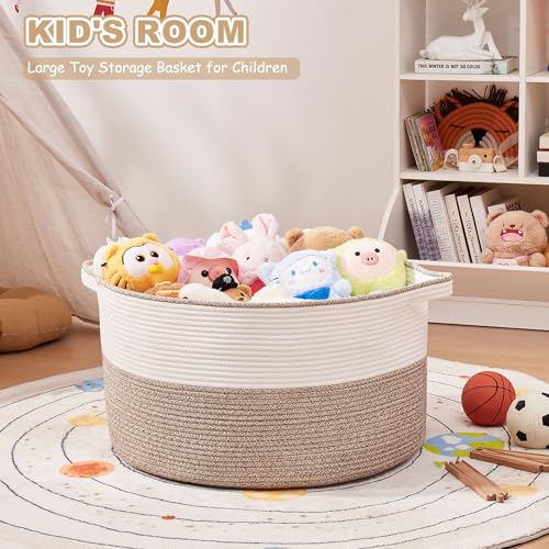 OIASKET Large Blanket Basket with Handles, 22.8" x 22.8" x 13" Woven Storage Basket for Living Room, Cotton Rope Baby Toy Storage for Clothes, Pillows, Towels-Brown & White - color: Brown & White, size: 90L