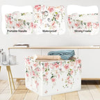 Clastyle Flower Girl Book Storage Basket Spring Summer Floral Women Clothes Organizer Bin Parents Gift Toy Box for Bedroom Shower, Pink Rose, 40x30x30 cm