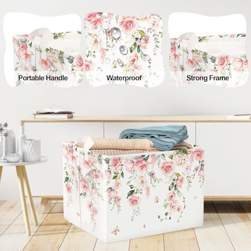 Clastyle Flower Girl Book Storage Basket Spring Summer Floral Women Clothes Organizer Bin Parents Gift Toy Box for Bedroom Shower, Pink Rose, 40x30x30 cm