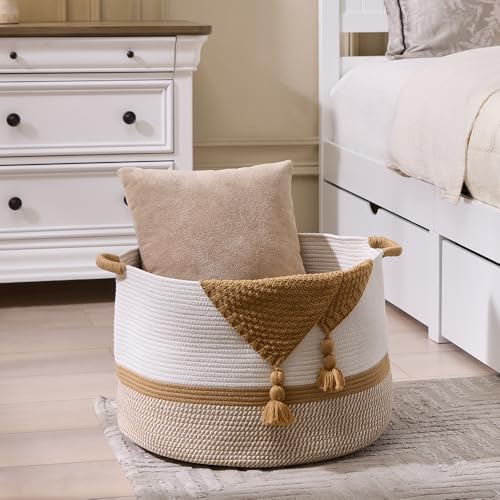 Luxury Little Extra Large Nursery Storage Basket, 20 x 20 x 13.8 inches - 100% Cotton Rope Baskets with Handles, Blanket Basket for Toys, Blankets & Pillows (Gradient Brown) - color: Gradient Brown