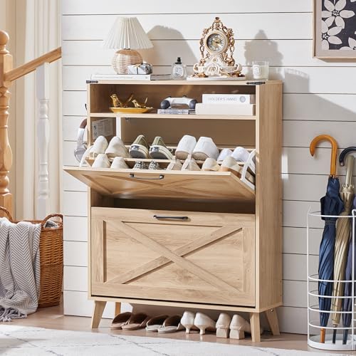 Joaxswe Shoe Cabinet Storage for Entryway with 2 Flip Drawers 2 Hook Open Storage Layer Rack Narrow Organizer Slim Hidden Wood Shoe Cabinet Furniture Natural - color: Natural