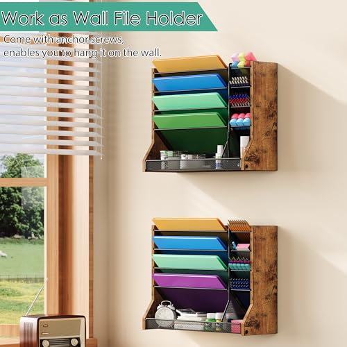 Jakyitvi Wall Desk File Organizer 5 Tiers, Ironwood Mail Organizer Wall Mounted with R-shaped Tray, Wall Organizer for Office Home, 4 Pull-Out Divider and Pen Slots to Sort File,Mail,Newspaper,Pen - size: 5-Tire & Ironwood