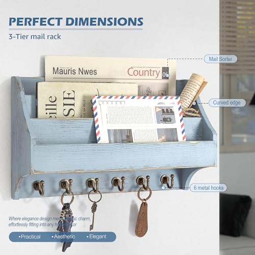 Rebee Vision Pine Wood Key Holder Wall Mount - Farmhouse 3-Tire Mail Holder with 6 Key Hooks for Home Decor- Multifunctional Wall Organizer for Entreyway, Living Room (Blue) - color: Blue