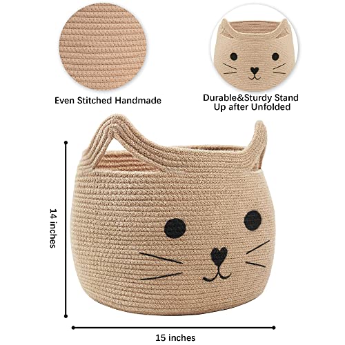 VK VK·LIVING Animal Baskets Large Woven Cotton Rope Storage with Cute Cat Design Laundry Organizer for Towels, Blanket, Toys, Clothes, Gifts – Cat Toy Box Pet or Baby Gift Baskets 15"Lx14H" - color: Jute, style: Jute Cat