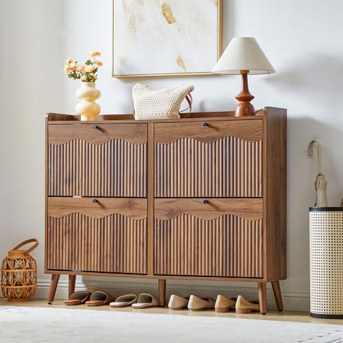 Bifins Shoe Storage Cabinet with 4 Wavy Fluted Flip Drawers, Modern 47.2” Wide Hidden Narrow Shoe Rack Cabinet for Entryway Foyer Hallway (Walnut 4 Drawer) - color: Walnut 4 Drawer