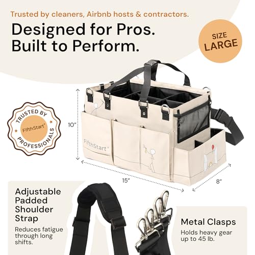 FifthStart Multiuse Cleaning Caddy with Waist & Shoulder Strap,9 Pockets Professional Bag, Mesh Base & Adjustable Compartments - Beige Large Organizer with Handle - Cleaning Caddy Bag (Beige, Large) - color: Beige, size: Large