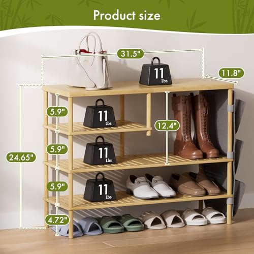 Bamboo Shoe Rack, 4 Tiers Shoe Organizer for Closet, Shoes Storage for 20-24 Pairs, Freestanding Shoe Shelf with Removable Pocket for Entryway Bedroom Front Door Dorm - color: Natural Color