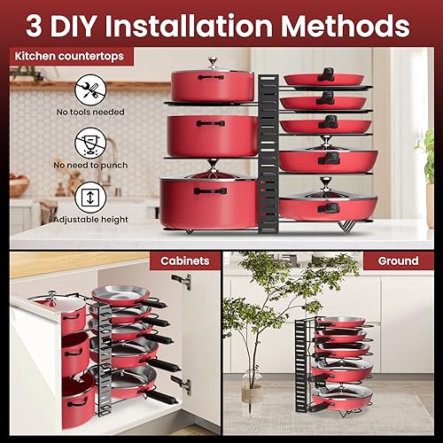 Podxco Pot and Pan Organizer for Under Cabinet, 8 Tiers Adjustable Pan Organizers Inside Cabinet with 3 DIY Methods, Upgrade of Pan Organizer Balance Ability, Kitchen Pan Rack Organizer for Cabinet