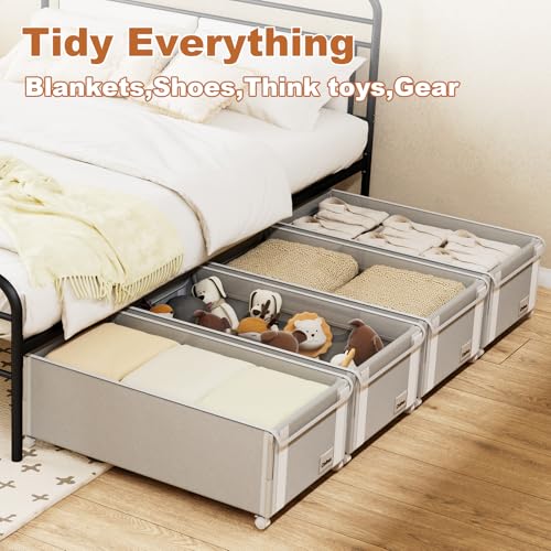 2Pack Under Bed Storage with Wheels,9.5"-12"Tall Adjustable Height Underbed Storage,Deep Under Bed Storage Containers,Rolling Under Bed Clothes Storage,Metal Under Bed Drawers for Shoes,Blankets,Toys - size: Height 9.5"-12"