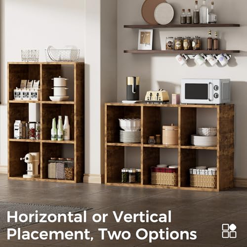 COMHOMA 6 Wood Cube Storage Organizer with Open Back and Removable Back Panels, 11In Brown Cube Storage Bookshelf, Cubicle Shelf Bookcase for Home Office Bedroom Living Room, Vertical or Horizontal - color: 6 Cube-retro Brown