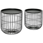 HOMCOM Nesting Coffee Tables, Round Coffee Table Set of 2 with Steel Wired Basket Body and Removable Top, Stacking End Tables Blanket Storage for Living Room, Black