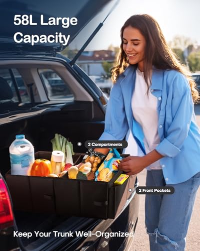 HOTOR Foldable Trunk Organizer - SUVs & Sedans, Sturdy Car Organization With 2 Compartments, Black, 23.6"×14.2"×10.6" - color: Black, size: Large (2 Compartments)