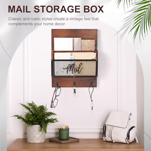 Yalikop Farmhouse Mail Organizer Wall Mounted Rustic Mail Holder Hanging Key Sorter with 3 Hooks Indoor Wooden Wall Mounted, Letter, Magazines, Newspapers, Keys (Classics,Dark Brown) - color: Dark Brown