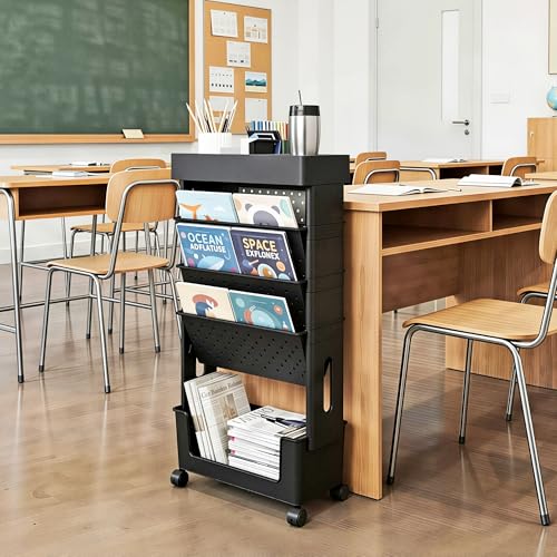 5-Tier Mobile Bookshelf, Rolling Bookcase Book Storage Rack, Movable File Folder Organizer Cart with Wheels for Home Study Office Living Room Classroom, Black - color: Black, size: 5-Tier