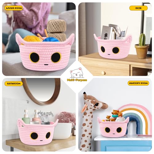 Small Storage Cat Basket, Pinks Cotton Rope Woven Basket for Nursery With Ears Toy Organizer Baskets for Gift, Cat Dog Bin Toys 8.5×4.5 inches - color: Pink, size: 9 × 5 inches