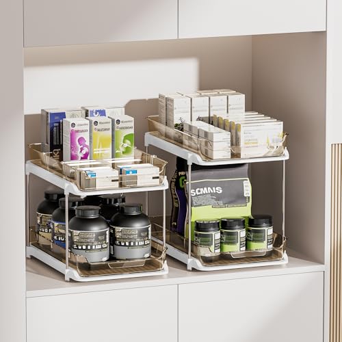 Delamu 2-Tier Multi-Purpose Bathroom Under Sink Organizers and Storage, Stackable Kitchen Pantry Organization, Pull Out Medicine Cabinet Organizer with Movable Dividers, Amber, 2 Pack - color: Amber, size: 2 Pack