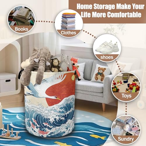 White Crane Laundry Baskets,Red Sun Japanese Wave Laundry Hamper,Storage Basket with Handles for Bathroom Bedroom College Dormitory Living Room Nursery Organizer 16"x20.8" - color: White Crane, Red Sun Japanese Wave