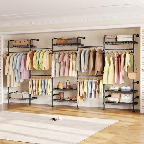 Closet Organizers and Storage, 5-Row Heavy Duty Clothes Rack for Hanging Clothes, Wall Mounted Closet System with 4 Telescopic Rods, 3 Fixed Rods, 6 Hooks, 8 Shelves for Wardrobe, Bedroom, Small Space - style: 5-Row