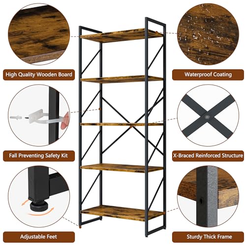 Shintenchi 2 Pieces 5 Tiers Bookshelf, Classically Tall Bookcase Shelf, Industrial Book Rack, Modern Book Holder in Bedroom/Living Room/Home/Office, Storage Rack Shelves for Books/Movies-Rustic Brown - color: 2pcs/Rustic Brown