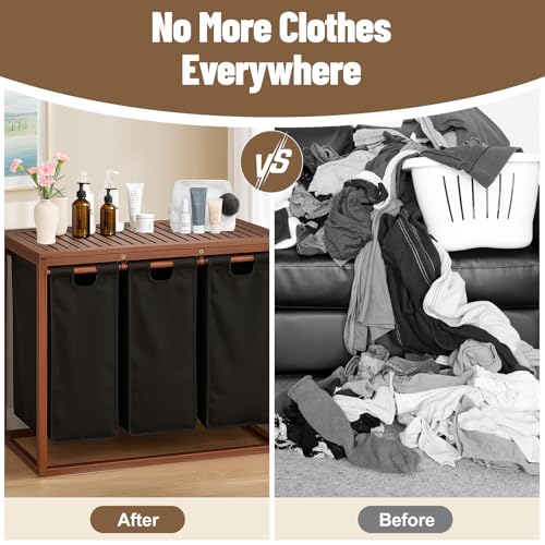 Bamboo Laundry Hamper 3 Section with Lid, 150 L Laundry Sorter with Pull-Out Removable Washable Bags, 3 × 12.5 Gal Divided Laundry Baskets for Laundry Room, Bathroom (Black)