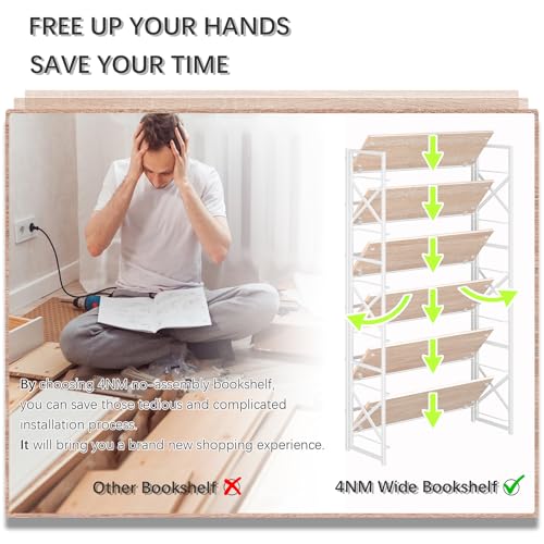 4NM Extra Wide 6 Tiers No Assembly Book Shelves, 61.8" H Folding Bookshelf Bookcase Open Industrial Foldable Shelves for Bedroom, Living Room, Home Office - Natural White - color: Natural White, size: Wide XX 6-Tier