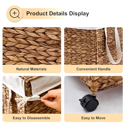 Rolling Laundry Hamper with Lid, Natural Water Hyacinth Basket with Removable Liner, Wheel or Non-Slip Installation Laundry Basket for Home Use (Espresso, 100L) - color: Espresso, size: 100L