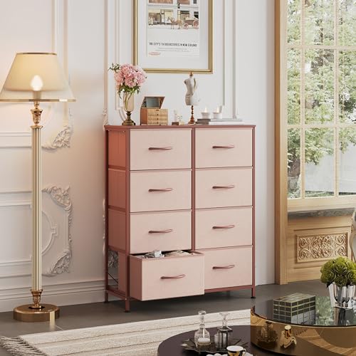 WLIVE Fabric Dresser for Bedroom, Tall Dresser with 8 Drawers, Storage Tower with Fabric Bins, Double Dresser, Chest of Drawers for Closet, Playroom, Dormitory, Pink and Rose Gold - color: Pink and Rose Gold, style: General