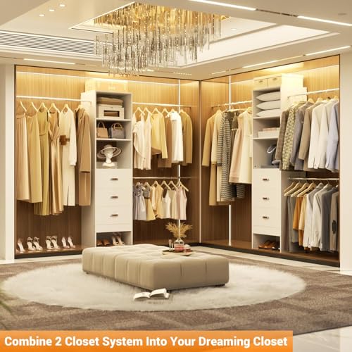 Homieasy 96 Inches Closet Organizer System, 8FT Customizable Walk In Closet Organizer with Hanging Rods, 3 Drawers Garment Rack with Leather Handle , 96" L x 16" W x 75" H, Max Load 1000 LBS, White - color: White