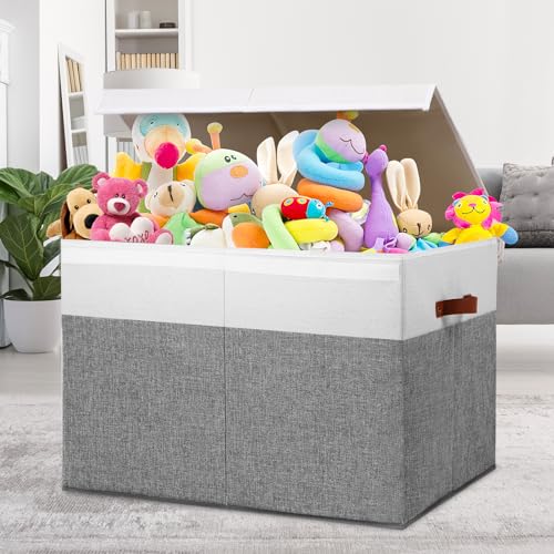 Gowee Large Toy Storage Box with Lid, Sturdy Toys Storage Chest Bin Organizer Basket with Dividers for Kids, Boys, Girls, Nursery, Closet, Bedroom, Playroom 26"x17" x17" (Grey and White) - color: Grey and White, size: 26"x17" x17"