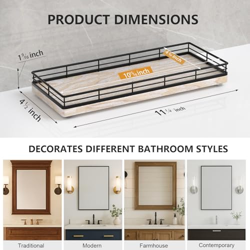 Bathroom Tray for Counter Top Organizer – Ash Wood Vanity Tray with Metal Frame for Dresser, Kitchen, Nightstand – Black & Whitewashed Decorative Storage - color: Black & Whitewashed, size: 11" x 4.5" x 1.5"
