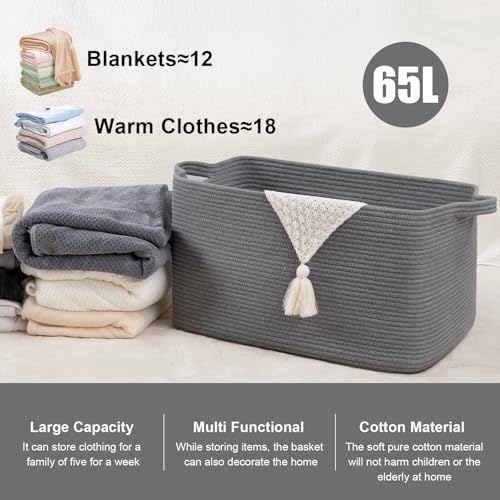 65L Cotton Rope Large Blanket Basket (19.7"x15.7"x11.8") for Living Room, Kids Room & Laundry, Storage Basket with Handle for Organizing Blankets, Pillows, Clothes & Toys, Dark Grey - color: Dark Grey, size: 19.7"x15.7"x11.8"