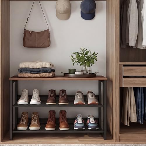 Garden 4 you Shoe Rack for Entryway 3 Tiers 11.8" D x 25" W x 20" H, Metal Shoe Rocks with Brown Wooden Tabletop, Angled Shoes Rack with Adjustable Mesh Shelves for Entryway Hallway Closet - color: Rustic Brown, size: 3-Tiers