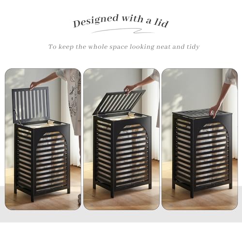 Laundry Hamper with Lid,Bamboo Large Waterproof Clothes Laundry Basket,Removable Washing Bags with Handles,clothes basket (Black) - color: Black