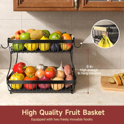 Sevenblue 3 Tier Fruit Basket for Kitchen Counter with 2 Mobile Banana Hangers, 2026 Pro Detachable Metal Fruit Bowl with Wooden Handle, Fruit Holder for Bread Snack Veggies with Protective Mats - color: Black, size: 3 Tier