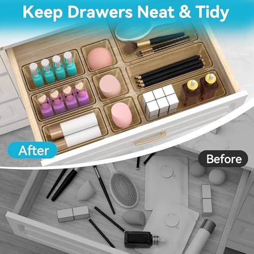 ElegantArray 12 PCS Drawer Organizer Set, 4 Sizes Tool Storage Trays, Clear Plastic Makeup Vanity Organizer and Storage Bins for Stationeries, Multiple Gadgets for Office, Bedroom, Champagne - color: Champagne, size: 12 PCS
