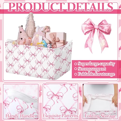 4 Pcs Pink Bow Storage Basket for Gifts Collapsible Girls Coqutte Pink Storage Bins with Handle Cute Preppy Foldable Laundry Organizer for Home Bathroom Bedrooms Baby Clothes Toys Books - style: Pink Bowknot
