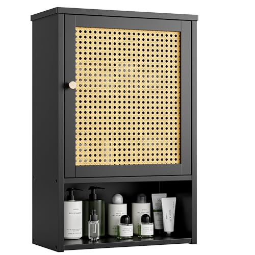 Bathroom Wall Cabinet, Bamboo Over-The-Toilet Storage Organizer with Rattan Doors and Adjustable Shelf, Space Saver Medicine Cabinet for Laundry, Kitchen, Living Room (Black) - color: Black