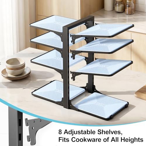 LAMU Pots and Pans Organizer under Cabinet, 8-Tier Heavy Duty Pan Organizers inside Cabinet, Adjustable Pot Rack for Small Kitchen Storage, 15" Height Holds Cast Iron Pans and Skillets Black - color: Black