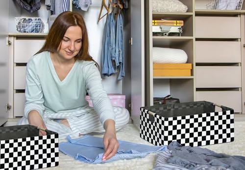 Checkered Storage Basket Foldable Nursey Box | 16.9" Storage Cube for Women Closet Organizer Boys Car Toys Bins with Handles | Sturdy Cardboard & Washable Fabric 2Pack - color: Racing Flag