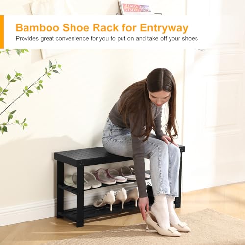 Apicizon Bamboo Shoe Rack for Entryway, 3-Tier Shoe Rack Bench for Front Indoor Entrance, Small Shoe Organizer with Storage, 35.4 Inches, Black - color: Black, size: 35.4 Inches No Cushion