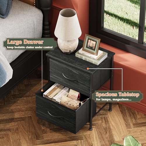 WLIVE Night Stand Set 2, Nightstand with 2 Fabric Drawers, Small Dresser for Bedroom, Bedside Table for Small Spaces, Dorm, Charcoal Black Wood Grain Print - color: Charcoal Black (Set of 2), size: 11.8"D x 15.7"W x 20.9"H