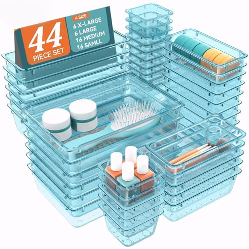 WOWBOX 44 PCS Clear Plastic Drawer Organizer Set, 6 Varied Size storage Bins and Desk Drawer Organizer Trays for Makeup, Gadgets, Jewelry and Utensils in Bathroom, Bedroom and Office, Clear Sea Blue - color: Sea Blue