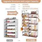 ROJASOP Shoe Rack Organizer, 8-Tier Metal Shoe Rack for Closet Entryway Garage, 26-32 Pairs Tall Shoe Boot Storage Shelf with 15 Hooks, Stackable Large Shoe Stand, Brown - color: Brown