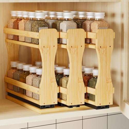 BAMEOS Pull Out Spice Rack Organizer for Cabinet, Bamboo Wide 7.7" Slide Out Seasoning Organizer for Kitchen, No Drill Anti-Tip Ball Bearing Silent Glides, Pantry Cabinet Organizer, Natural - size: 7.7" Wide, 3 Drawers