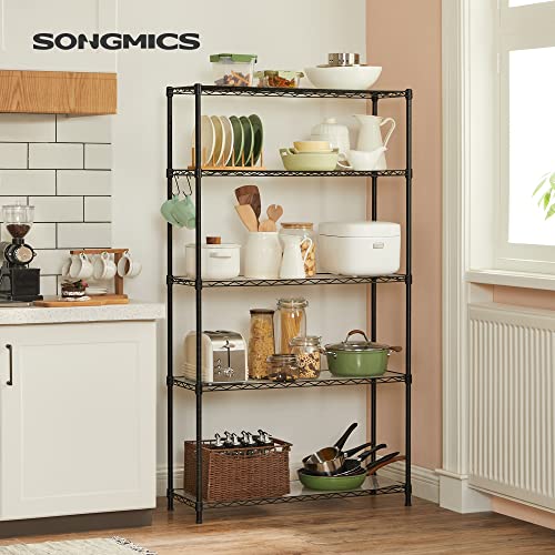 SONGMICS 5-Tier Storage Shelves, Wire Shelving Unit, Kitchen Metal Shelves, Storage Rack with Adjustable Shelves, Shelf Liners, 8 Hooks, for Garage, 11.8 x 35.4 x 63 Inches, Black ULGR095B01 - color: Ink Black, size: 5 Tiers (11.8"D x 35.4"W), style: With
