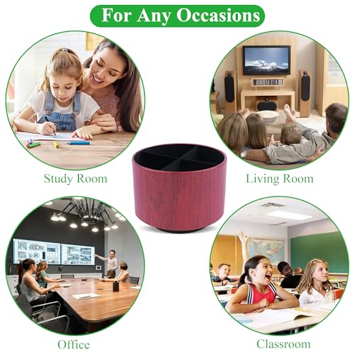 Round Leather Art Supply Organizer,Remote Control Holder,360 Degree Spinning,Multi-Functional Pencil Holder,4 Compartments Desktop Stationary Organizer(1-Thin Wood Red Brown) - color: 1-Thin Wood Red Brown