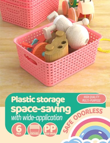 WYT 6-Pack Plastic Small Shelf Storage Weave Baskets Organizing for Cabinets and Pantries, Pink - color: Pink, size: 6-Pack